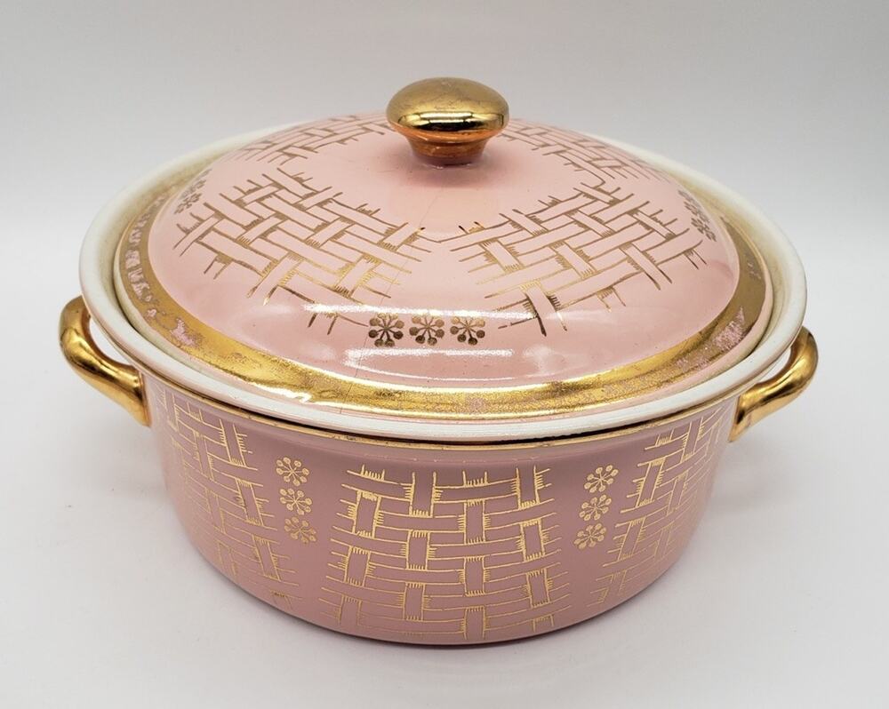 Vintage Halls Superior Quality Covered Casserole Dish Pink Basket weave Pattern